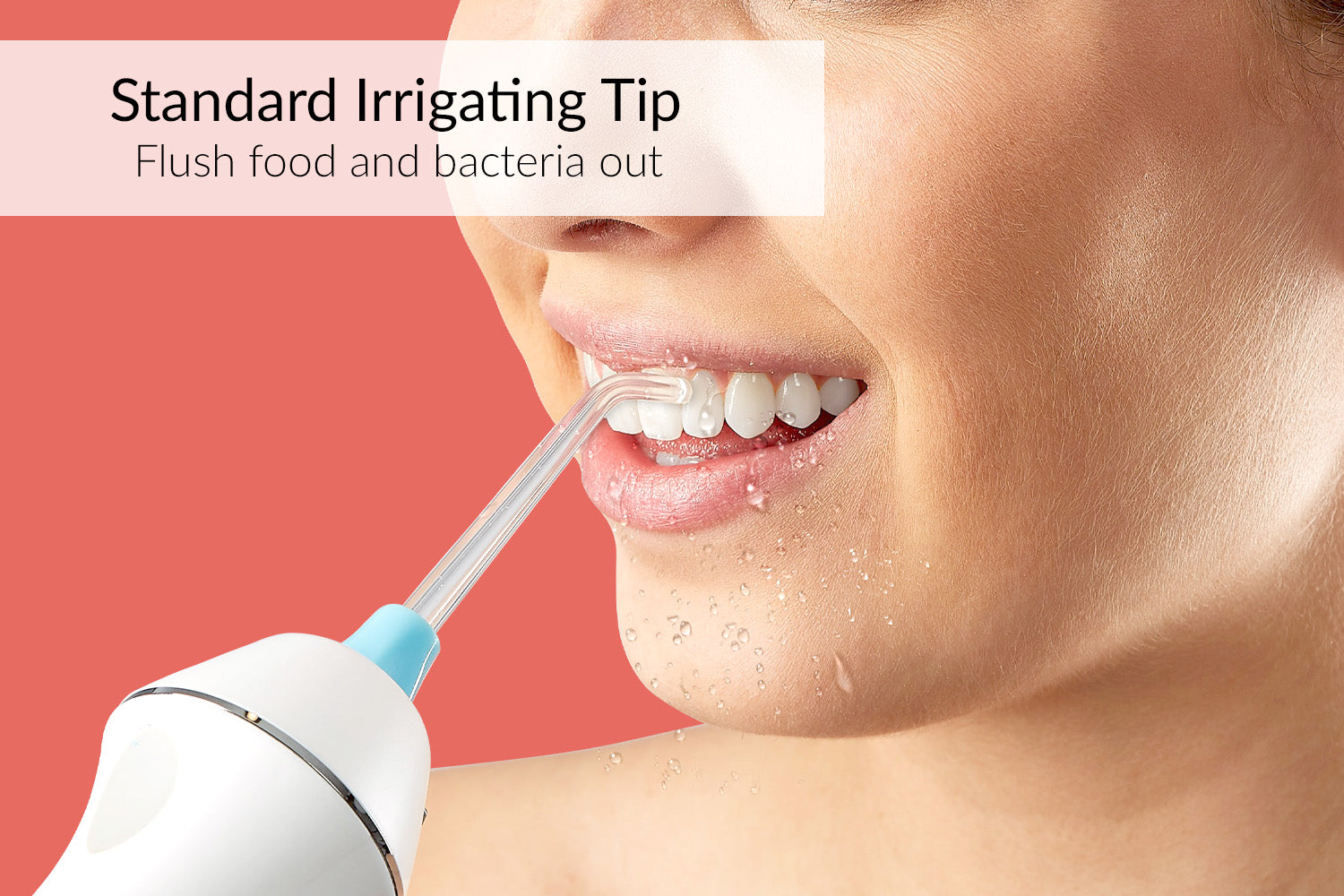 Woman using water pick tip or water jet sends a stream of water between the teeth to clean between the teeth where the toothbrush misses. Easy and convenient in the shower with the ToothShower. Water pik Dental irrigator