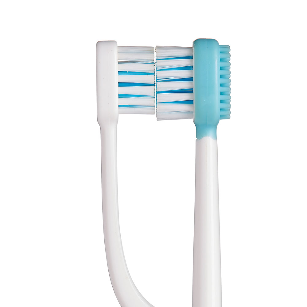 White, two headed toothbrush that water flosses with water  floss and brush at the same time