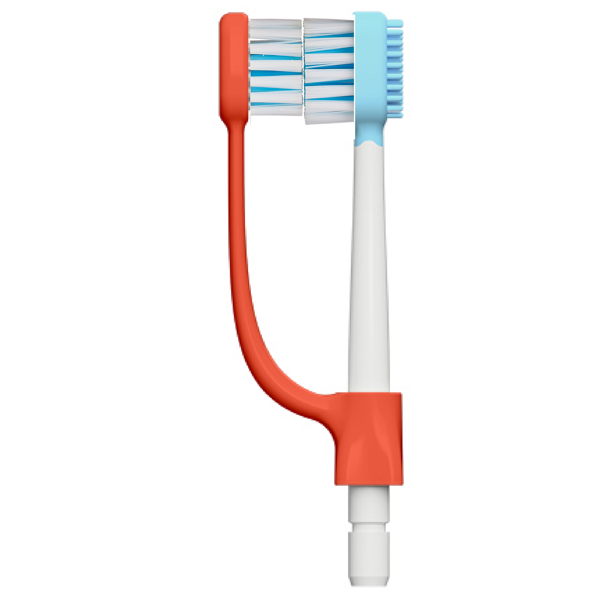 Red water flossing dual head toothbrush for brushing both sides of the teeth and water flossing. 
