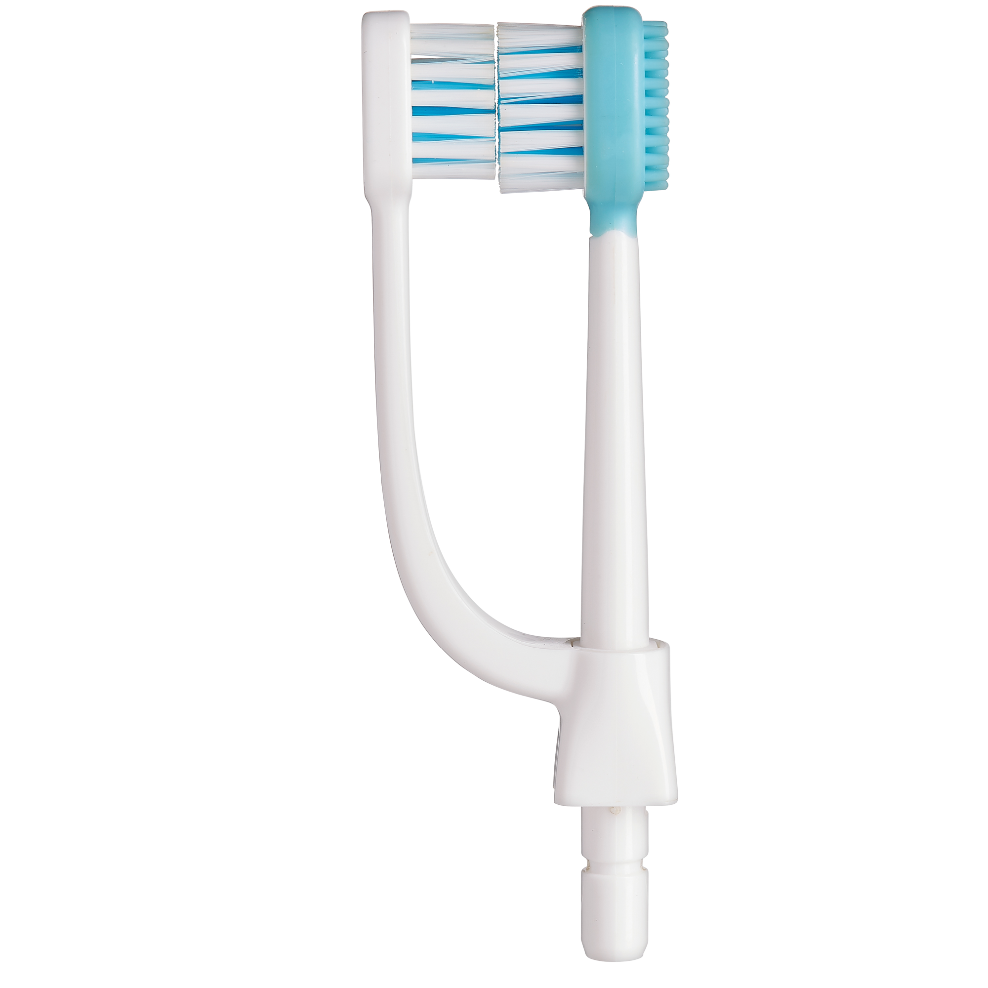White, two headed toothbrush that water flosses with water  floss and brush at the same time