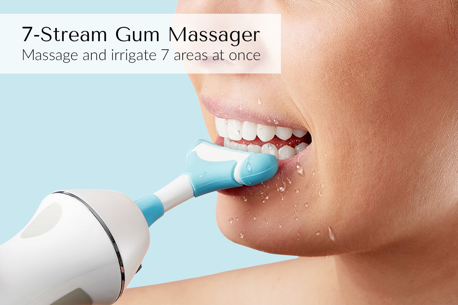 girl water flossing teeth with seven stream gum massager 