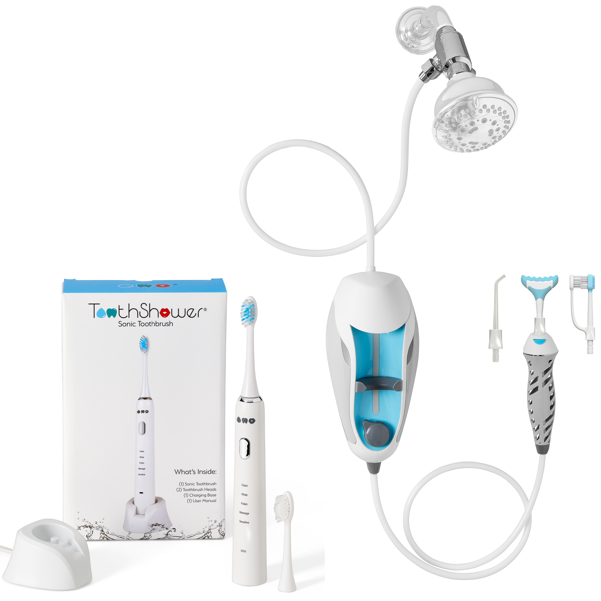 Sold together, sonic toothbrush plus shower flosser, two are better than one