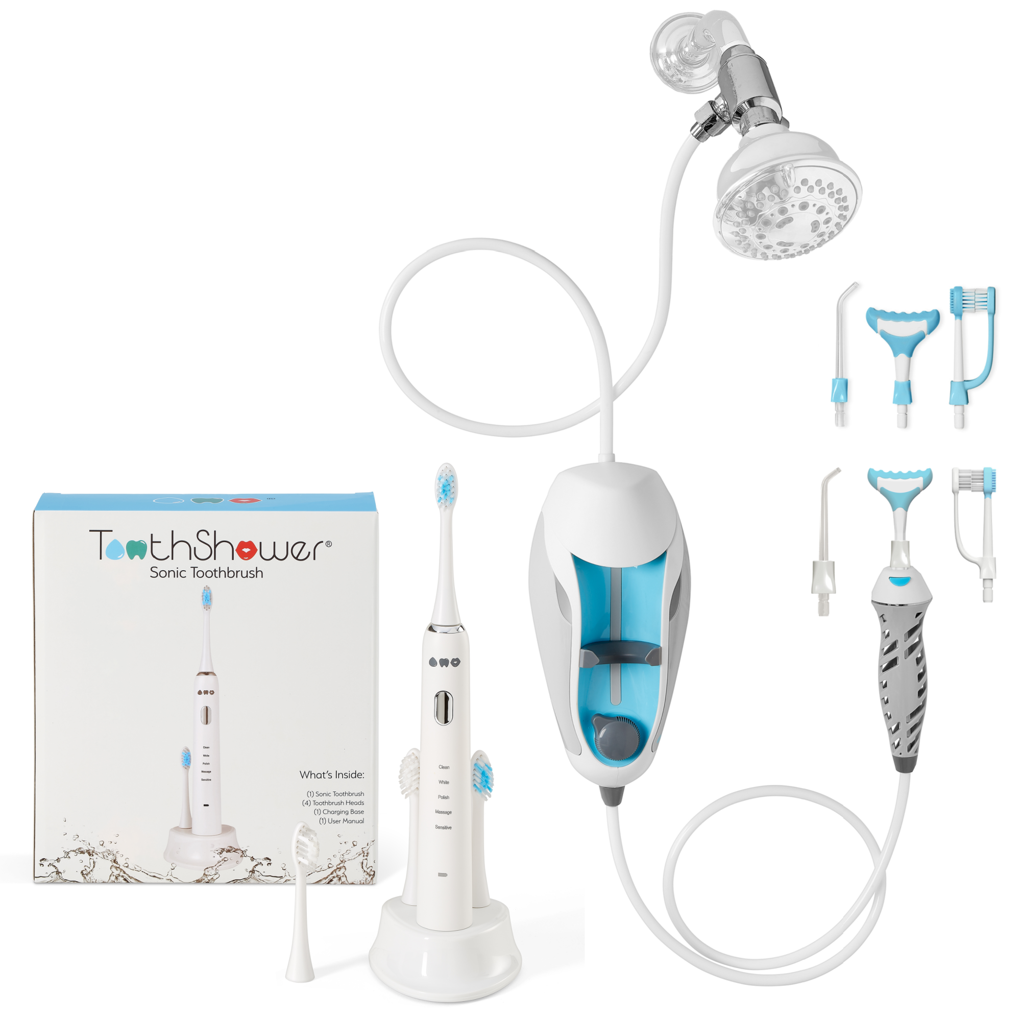 toothshower water flosser plus sonic toothbrush for two users, couples units, cleaner mouths