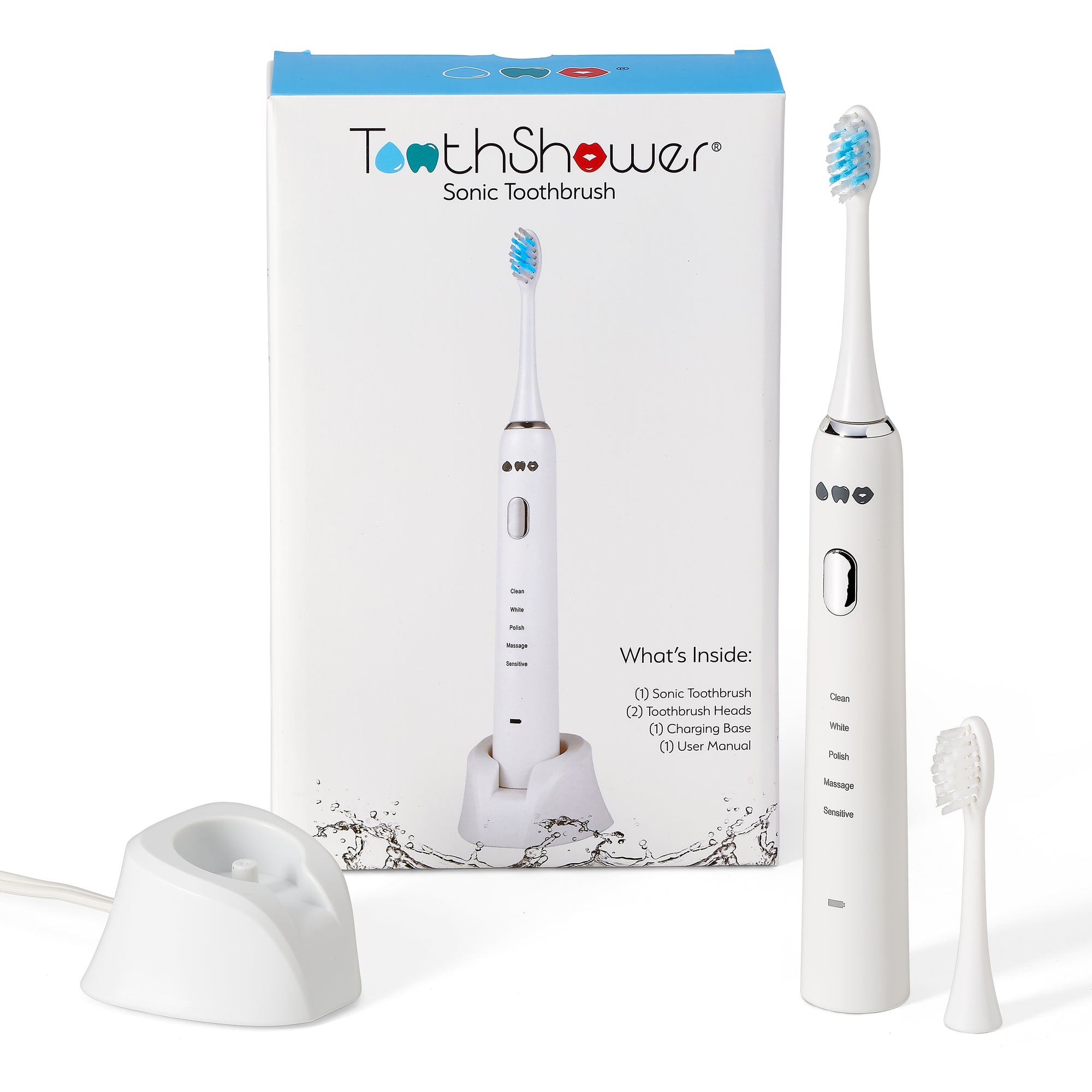 sleek attractive sonic toothbrush with recharge base and two sonic toothbrush heads