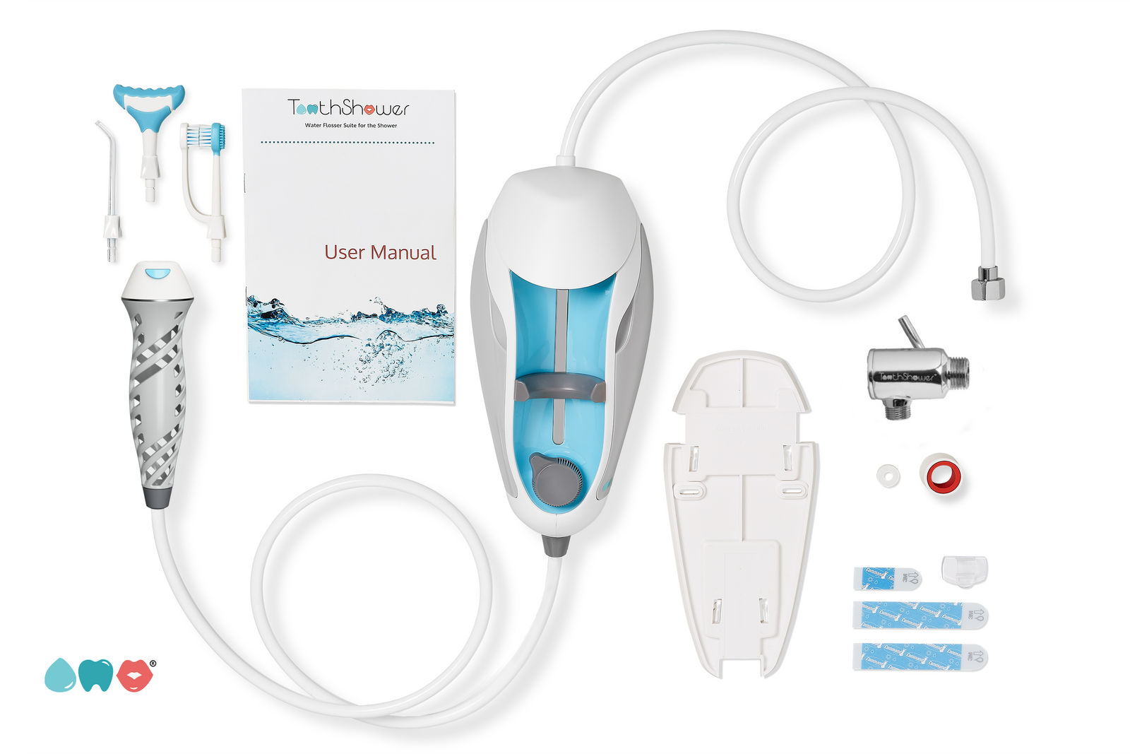 parts of the ToothShower in one box, water flosser, mounting plate, custom diverter valve, adhesives, user manual