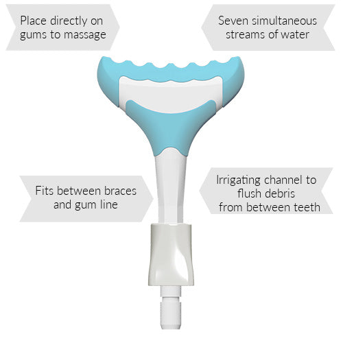 Place this water flossing accessory directly on the teeth and gums to clean around braces, implants and retainers. Water flosses with seven streams.